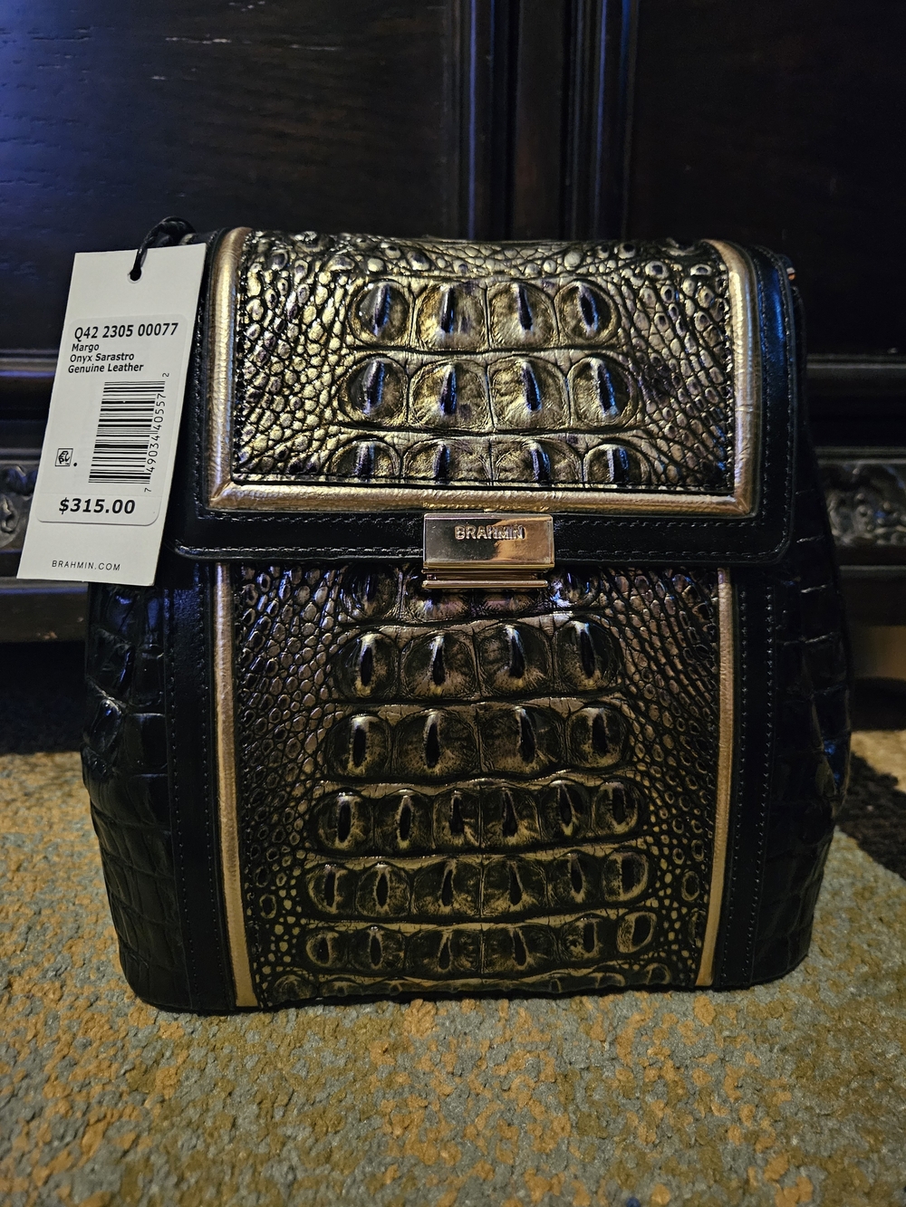 (Brahmin Onyx) Black Croc-Embossed Leather Backpacks